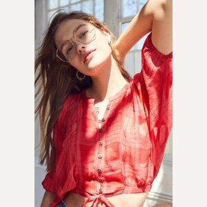 Kimchi Blue Billow Sleeve Tie-Front Sheer Top Coral Size XS